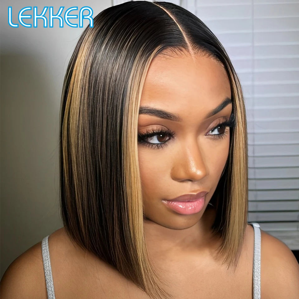 Perruque Lace Front Highlights Brun – Bob Long Droite, Cheveux Humains Remy