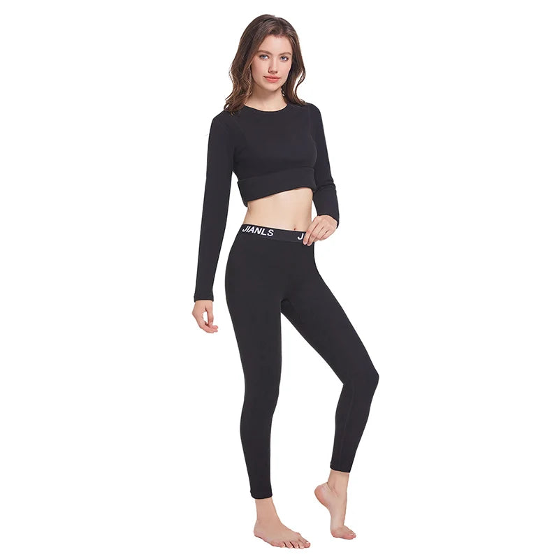 Ensemble thermique femme 2 pièces – Col rond, manches longues & pantalon large