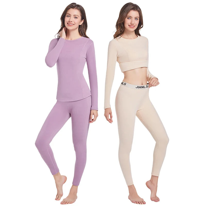 Ensemble 2 pièces de sous-vêtements chauds simples pour femmes, couleur unie, confortable, col rond, manches longues, taille élastique, pantalon Large, automne/hiver