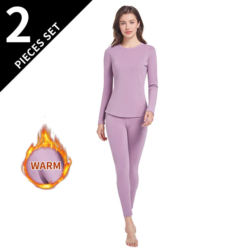 Ensemble thermique femme 2 pièces – Col rond, manches longues & pantalon large