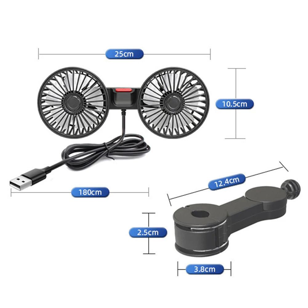Ventilateur de Voiture Double Tête – Rotation 360°, 3 Vitesses, Charge USB