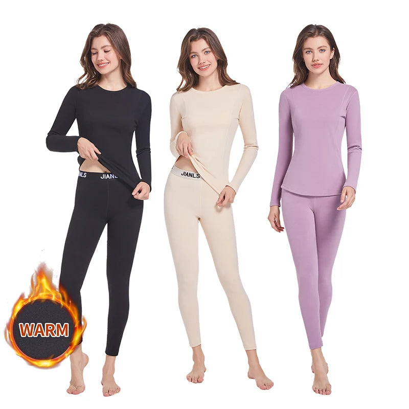 Ensemble thermique femme 2 pièces – Col rond, manches longues & pantalon large