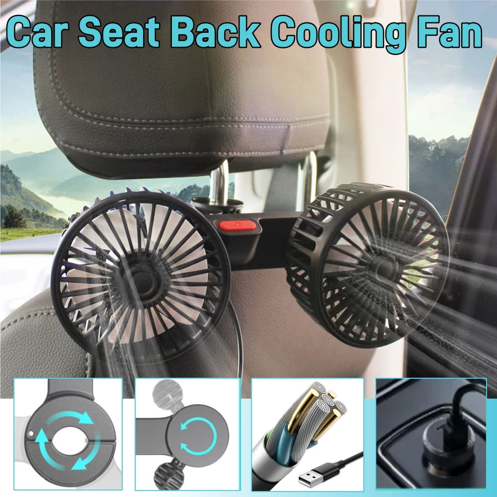 Ventilateur de Voiture Double Tête – Rotation 360°, 3 Vitesses, Charge USB