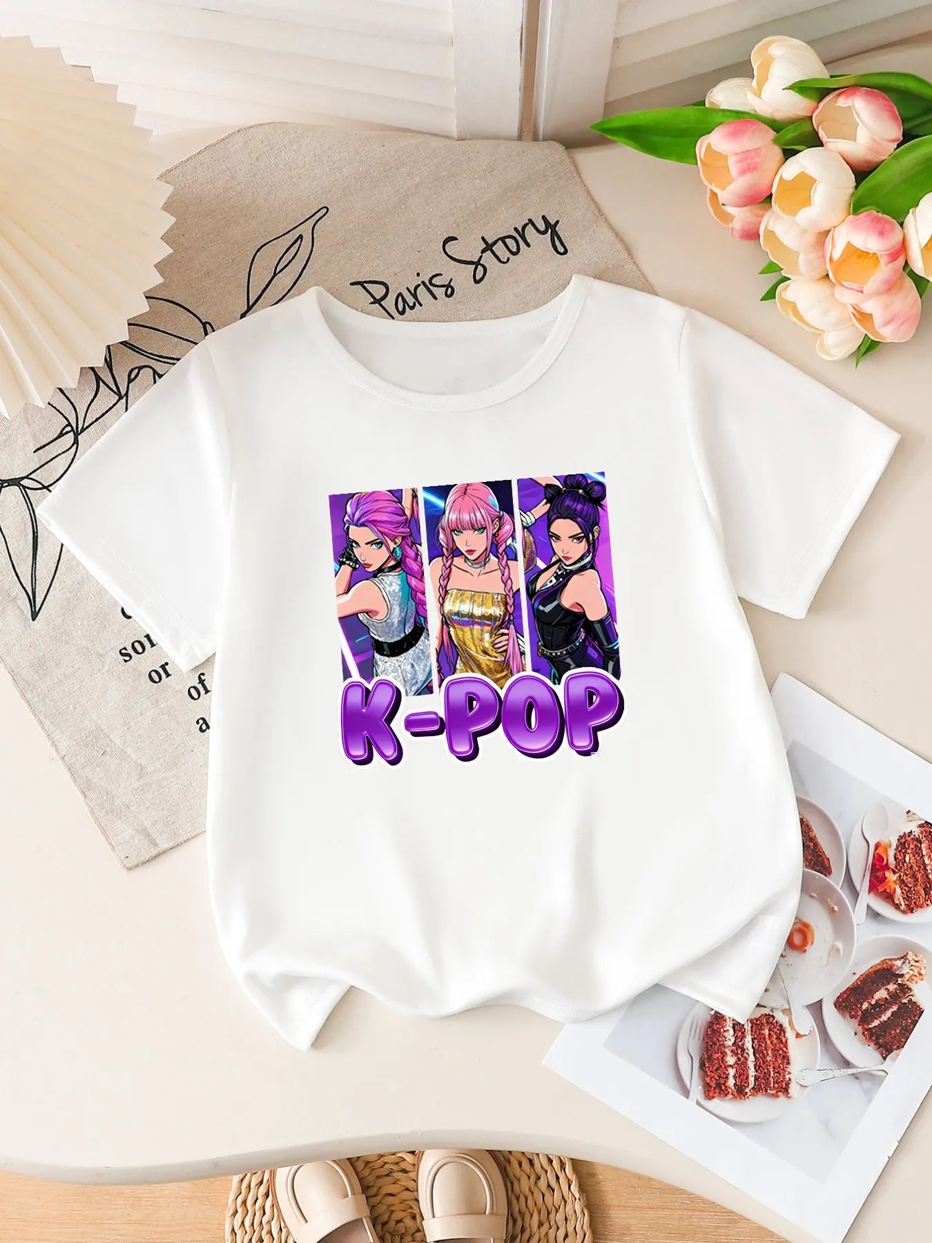 T-Shirt K-POP Idol Fille – Haut Manches Courtes Imprimé Dessin Animé | Été 4-12 Ans