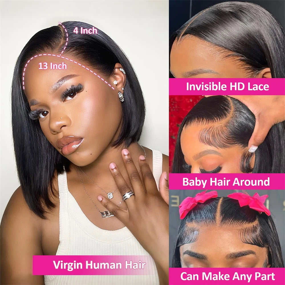 Perruque Bob Lace Front 13x4 HD – Cheveux Humains Lisses Sans Colle