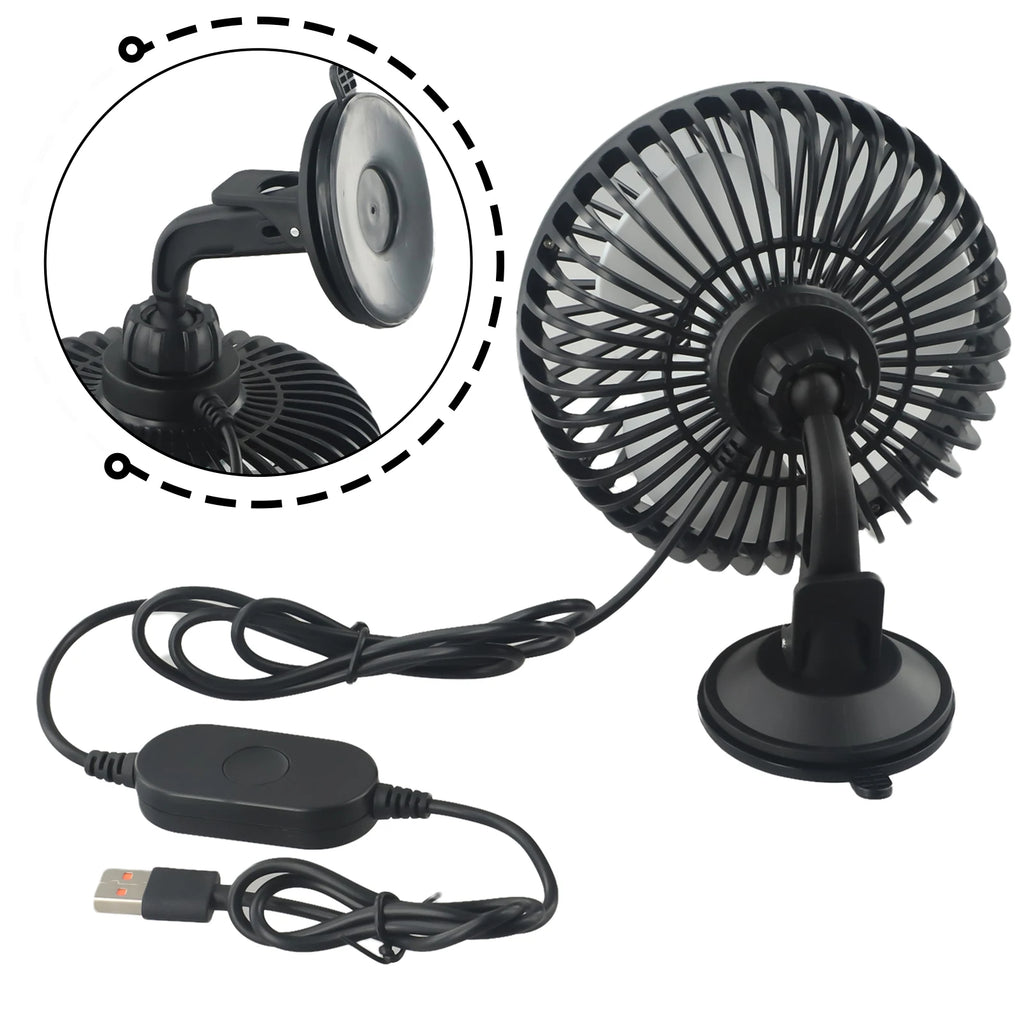 Mini Ventilateur de Voiture USB 5V – Ventouse Multi-Angles, 3 Vitesses
