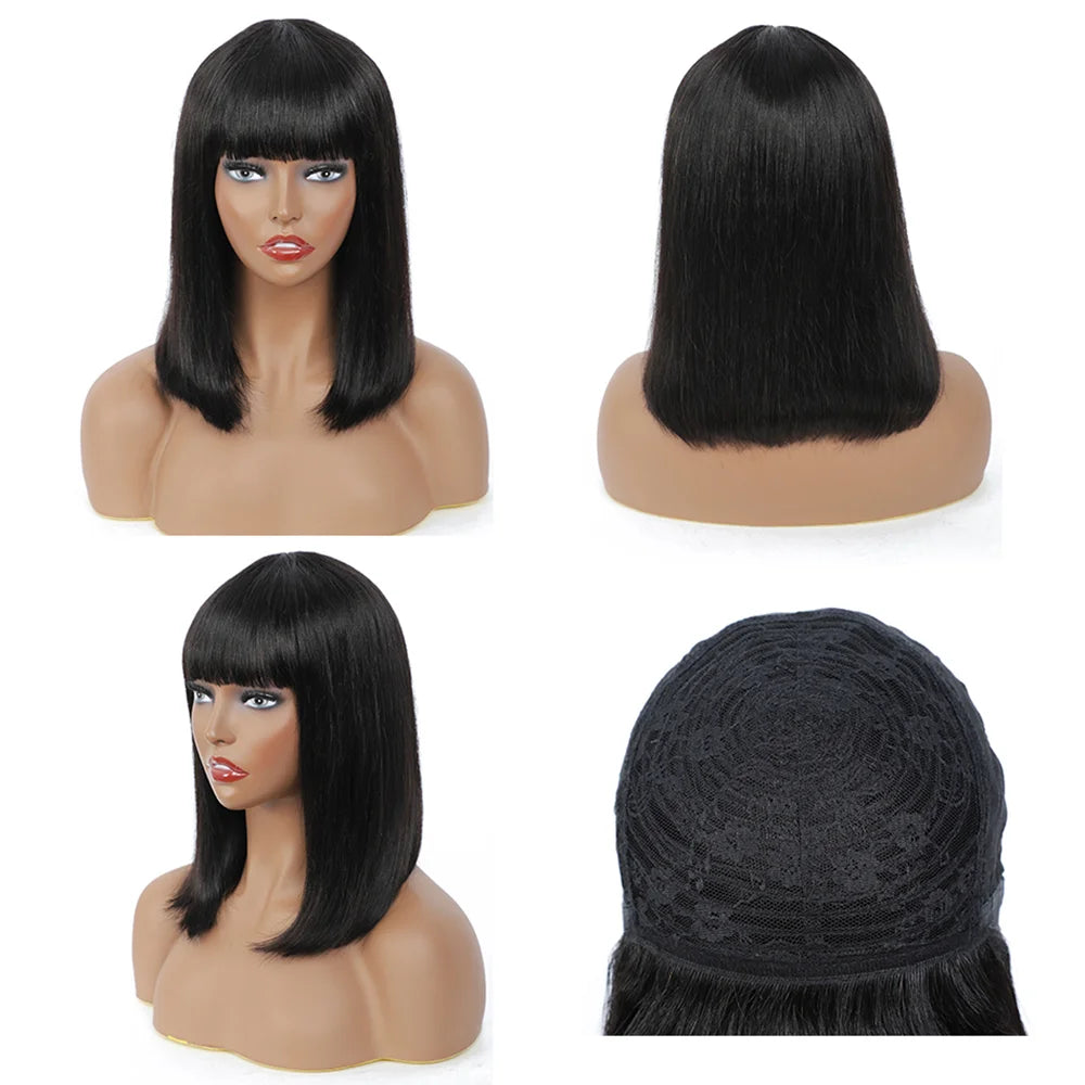 Perruque Bob Lisse avec Frange – Cheveux Naturels Courts, Densité 180%