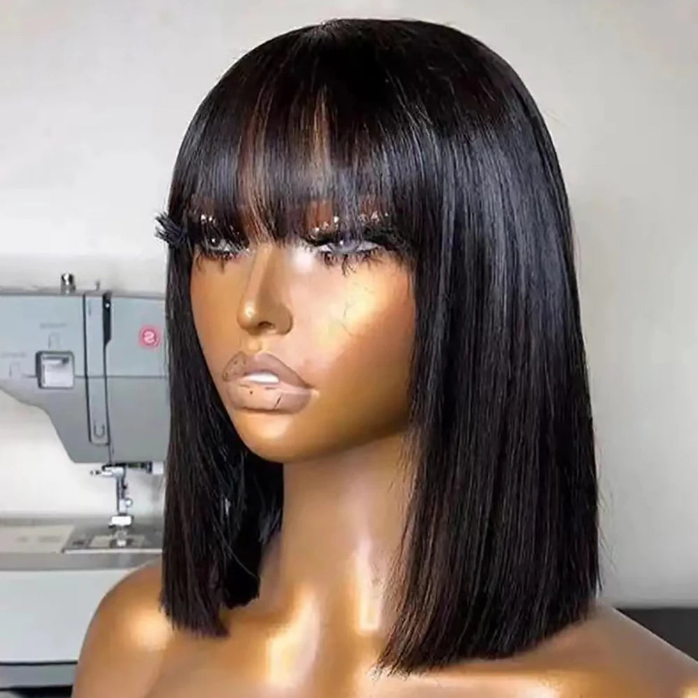 Perruque Bob Lisse avec Frange – Cheveux Naturels Courts, Densité 180%