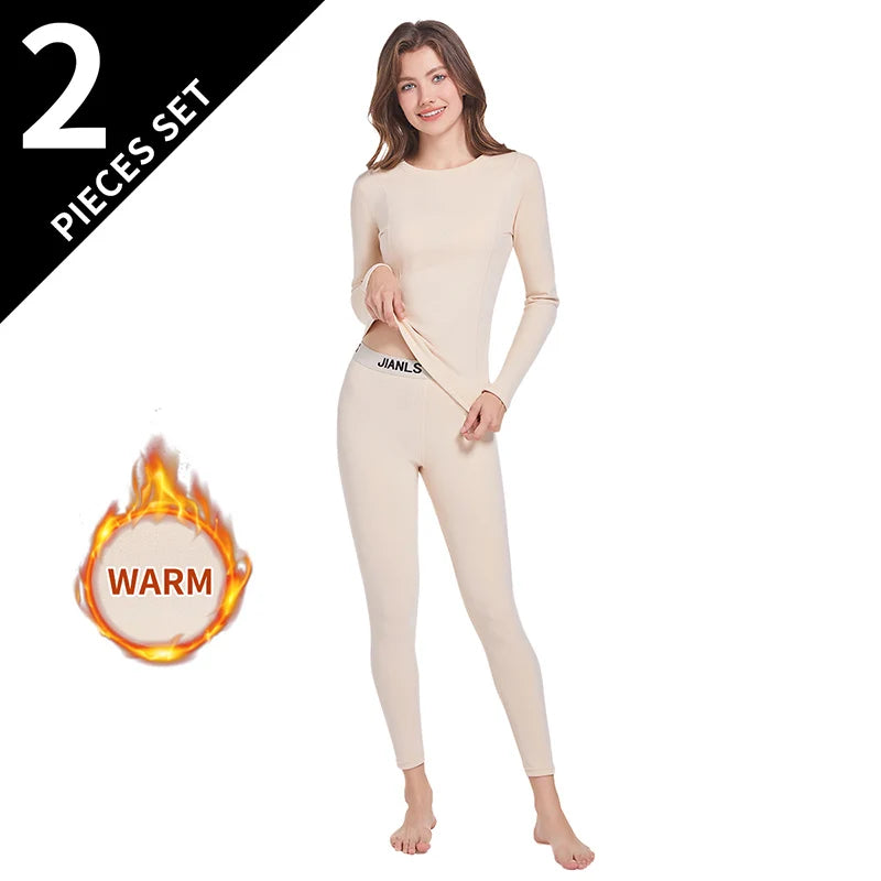 Ensemble thermique femme 2 pièces – Col rond, manches longues & pantalon large