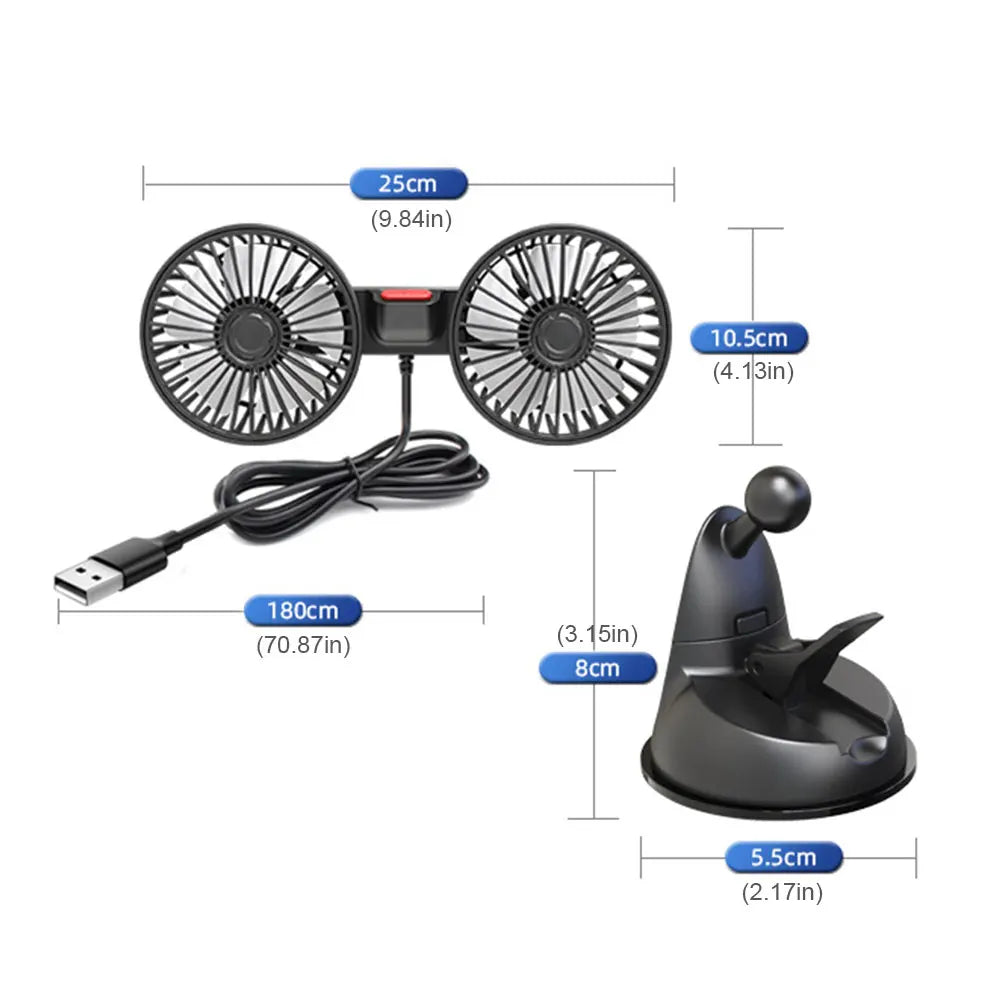 Ventilateur de Voiture Double Tête – Rotation 360°, 3 Vitesses, Charge USB
