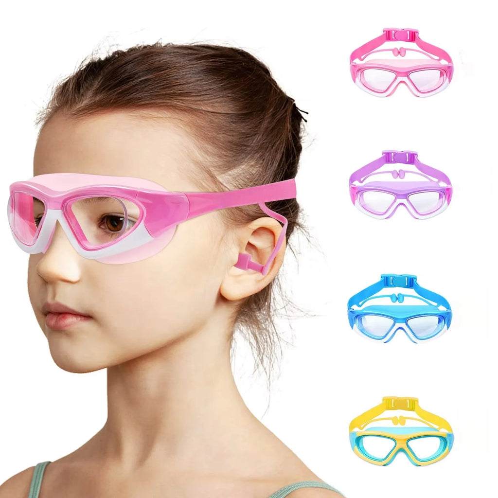 Lunettes de natation à grande monture, haute définition, imperméables et Anti-buée pour enfants, lunettes pratiques, bouchons d'oreilles connectés en Silicone