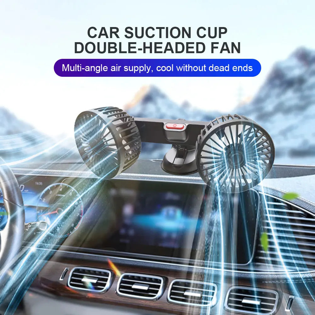 Ventilateur de Voiture Double Tête – Rotation 360°, 3 Vitesses, Charge USB