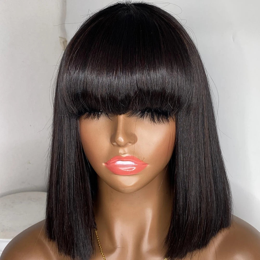 Perruque Bob Lisse avec Frange – Cheveux Naturels Courts, Densité 180%