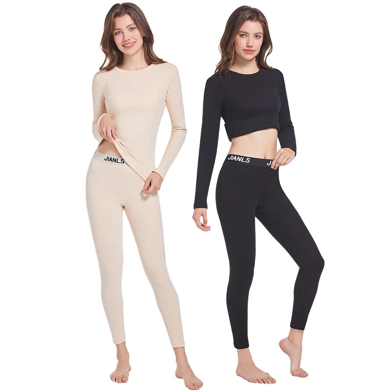 Ensemble thermique femme 2 pièces – Col rond, manches longues & pantalon large