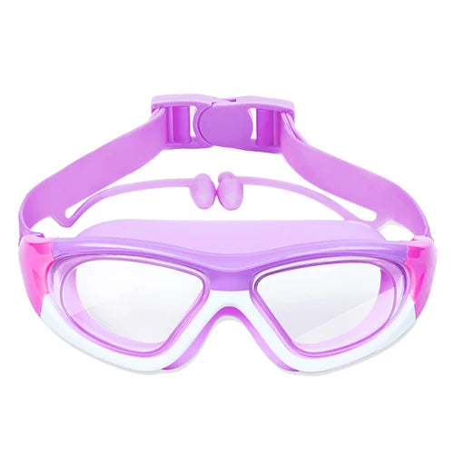 Lunettes de natation à grande monture, haute définition, imperméables et Anti-buée pour enfants, lunettes pratiques, bouchons d'oreilles connectés en Silicone