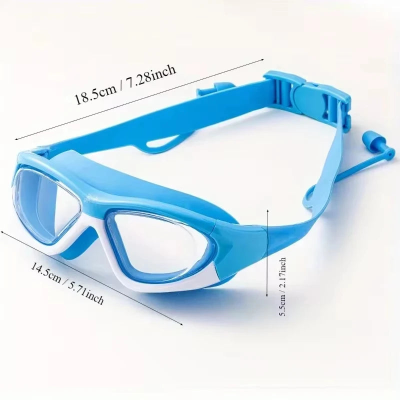 Lunettes de natation à grande monture, haute définition, imperméables et Anti-buée pour enfants, lunettes pratiques, bouchons d'oreilles connectés en Silicone