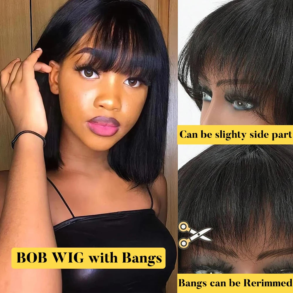 Perruque Bob Lisse avec Frange – Cheveux Naturels Courts, Densité 180%