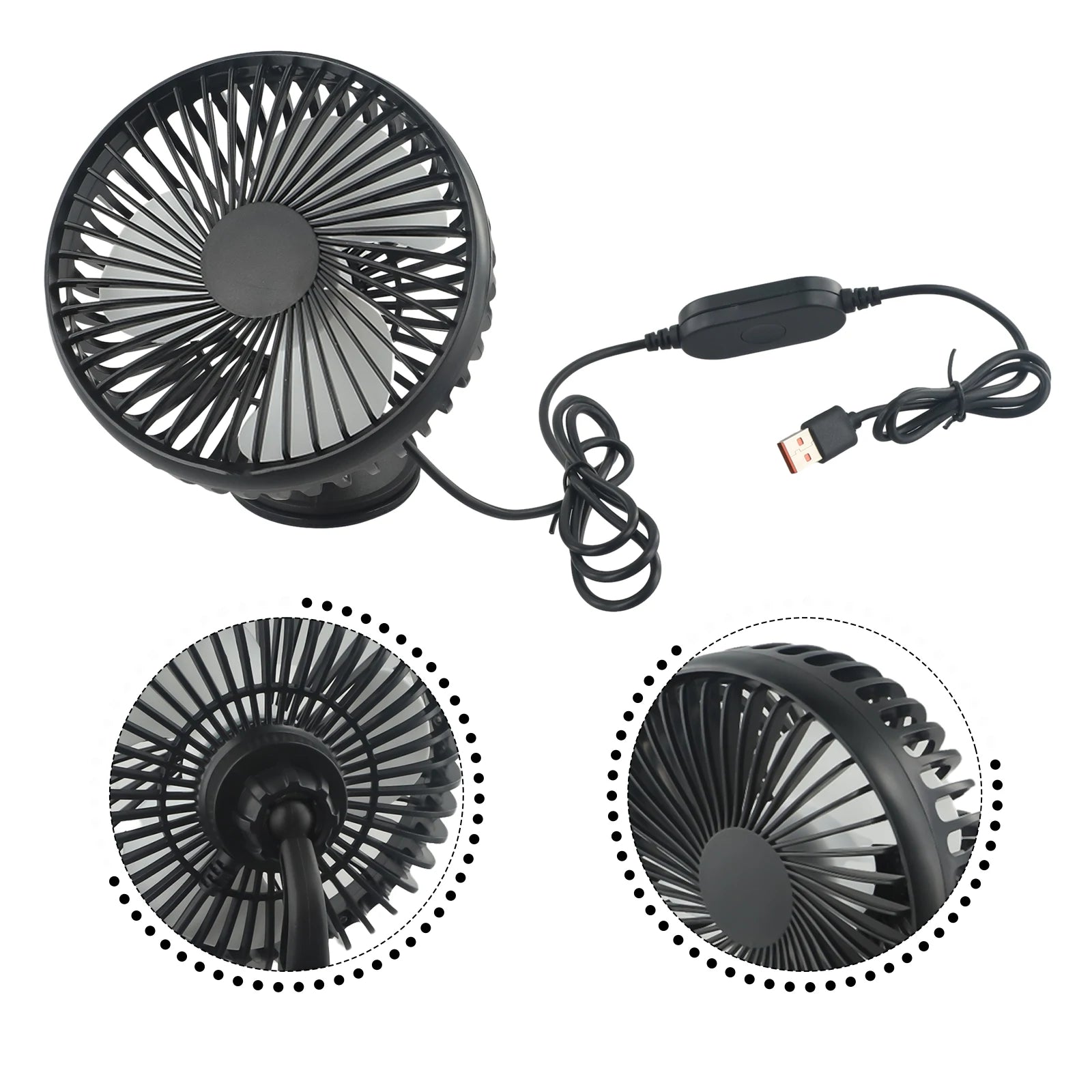 Mini Ventilateur de Voiture USB 5V – Ventouse Multi-Angles, 3 Vitesses